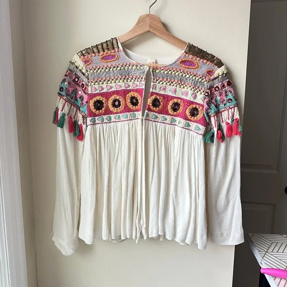 RAGA Anthropologie Embroidered Beaded Open Front Small Boho Tassel Top Blouse - Picture 2 of 8